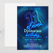 Blue Neon 11th Birthday Party Invitation Kaart (Voorkant / Achterkant)