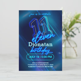 Blue Neon 11th Birthday Party Invitation Kaart
