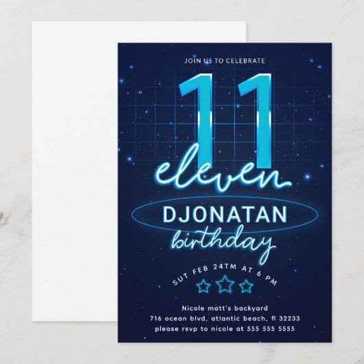 Blue Neon 11th Birthday Party Laten we gloed gek w Kaart (Voorkant / Achterkant)