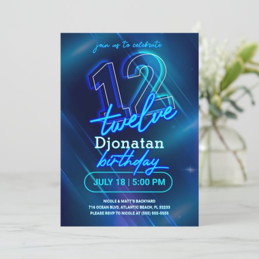 Blue Neon 12th Birthday Party Invitation Kaart (Staand voorkant)