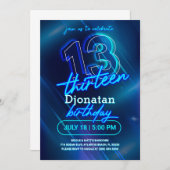 Blue Neon 13th Birthday Party Invitation Kaart (Voorkant / Achterkant)