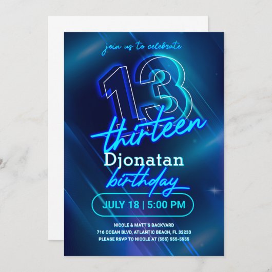 Blue Neon 13th Birthday Party Invitation Kaart (Voorkant / Achterkant)
