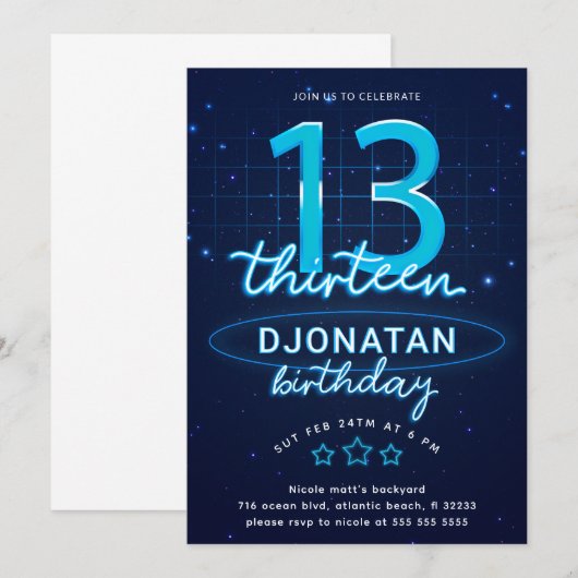 Blue Neon 13th Birthday Party Laten we gloed gek w Kaart (Voorkant / Achterkant)
