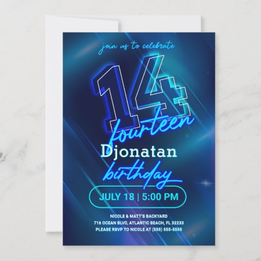 Blue Neon 14th Birthday Party Invitation Kaart (Voorkant)