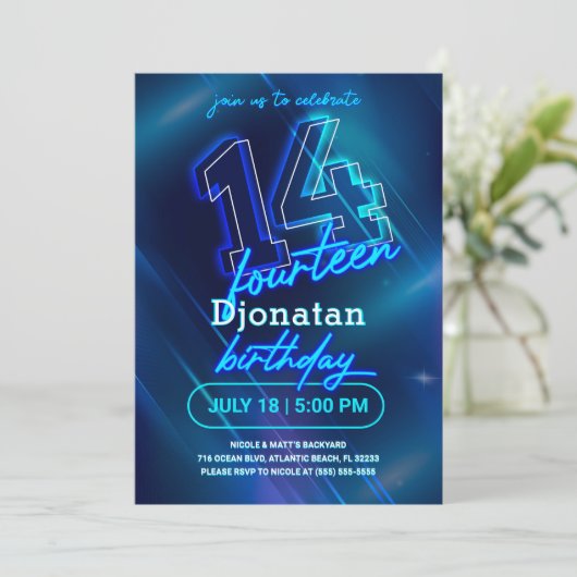 Blue Neon 14th Birthday Party Invitation Kaart (Staand voorkant)