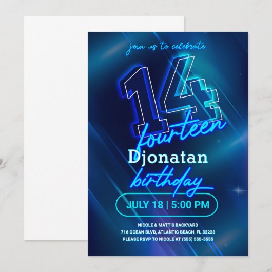 Blue Neon 14th Birthday Party Invitation Kaart (Voorkant / Achterkant)