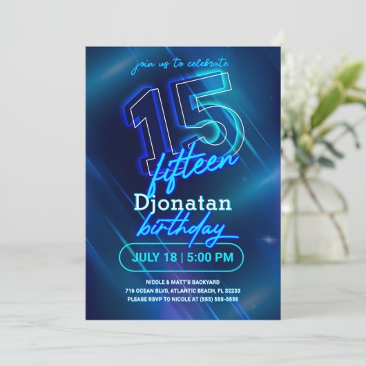 Blue Neon 15th Birthday Party Invitation Kaart (Staand voorkant)