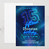 Blue Neon 15th Birthday Party Invitation Kaart (Voorkant / Achterkant)