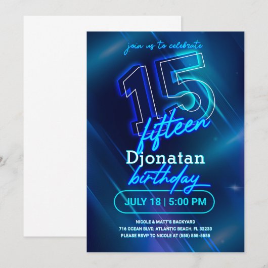 Blue Neon 15th Birthday Party Invitation Kaart (Voorkant / Achterkant)
