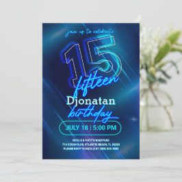 Blue Neon 15th Birthday Party Invitation Kaart