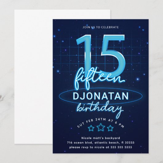 Blue Neon 15th Birthday Party Let's Glow Crazy Kaart (Voorkant / Achterkant)