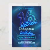 Blue Neon 16th Birthday Party Invitation Kaart (Voorkant)