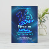 Blue Neon 16th Birthday Party Invitation Kaart (Staand voorkant)