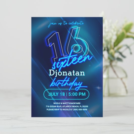 Blue Neon 16th Birthday Party Invitation Kaart (Staand voorkant)