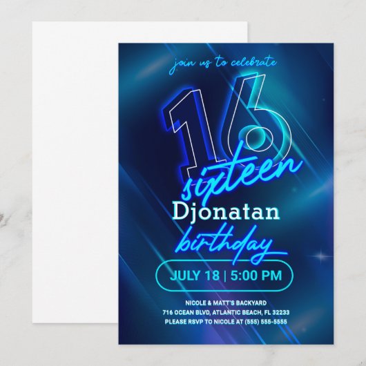 Blue Neon 16th Birthday Party Invitation Kaart (Voorkant / Achterkant)