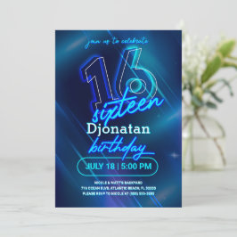 Blue Neon 16th Birthday Party Invitation Kaart