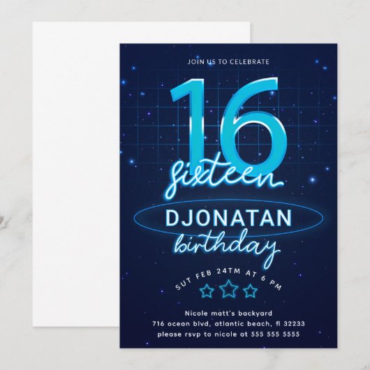 Blue Neon 16th Birthday Party Let's Glow Crazy Kaart (Voorkant / Achterkant)