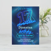 Blue Neon 17th Birthday Party Invitation Kaart (Staand voorkant)