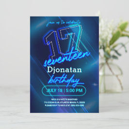 Blue Neon 17th Birthday Party Invitation Kaart