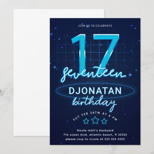 Blue Neon 17th Birthday Party Laten we gloed gek w Kaart (Voorkant / Achterkant)