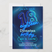 Blue Neon 18th Birthday Party Invitation Kaart (Voorkant)