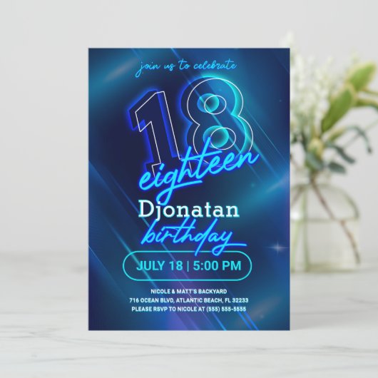 Blue Neon 18th Birthday Party Invitation Kaart (Staand voorkant)