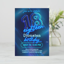 Blue Neon 18th Birthday Party Invitation Kaart