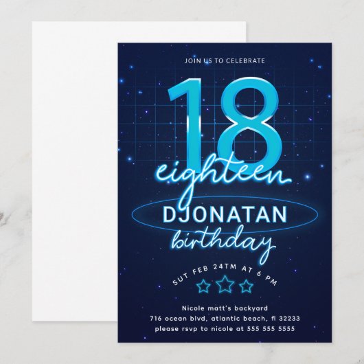 Blue Neon 18th Birthday Party Let's Glow Crazy Kaart (Voorkant / Achterkant)