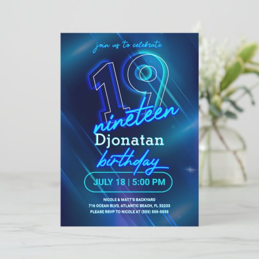 Blue Neon 19th Birthday Party Invitation Kaart (Staand voorkant)