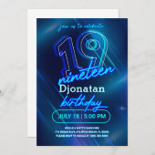 Blue Neon 19th Birthday Party Invitation Kaart (Voorkant / Achterkant)