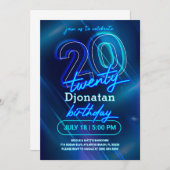 Blue Neon 20th Birthday Party Invitation Kaart (Voorkant / Achterkant)
