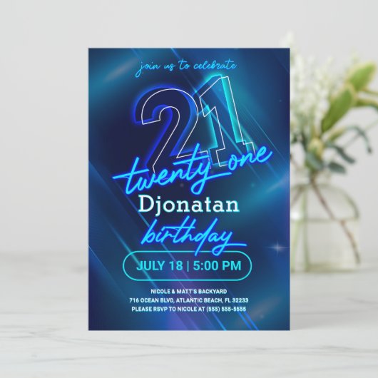 Blue Neon 21st Birthday Party Invitation Kaart (Staand voorkant)