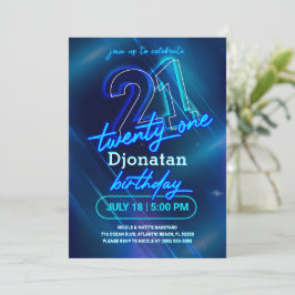 Blue Neon 21st Birthday Party Invitation Kaart
