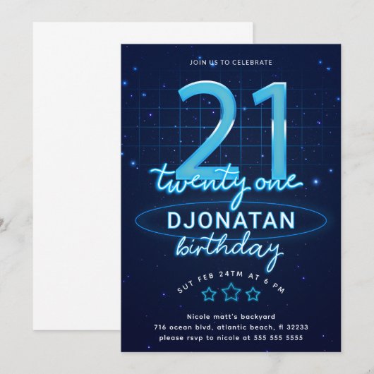 Blue Neon 21st Birthday Party Let's Glow Crazy Kaart (Voorkant / Achterkant)