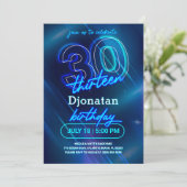 Blue Neon 30th Birthday Party Invitation Kaart (Staand voorkant)