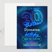 Blue Neon 30th Birthday Party Invitation Kaart (Voorkant / Achterkant)