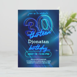 Blue Neon 30th Birthday Party Invitation Kaart