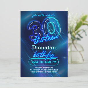 Blue Neon 30th Birthday Party Invitation Kaart