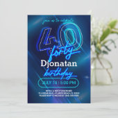 Blue Neon 40th Birthday Party Invitation Card Kaart (Staand voorkant)