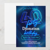 Blue Neon 40th Birthday Party Invitation Card Kaart (Voorkant / Achterkant)