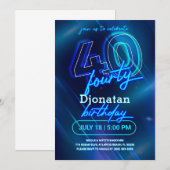 Blue Neon 40th Birthday Party Invitation Kaart (Voorkant / Achterkant)