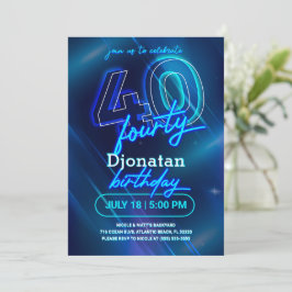 Blue Neon 40th Birthday Party Invitation Kaart