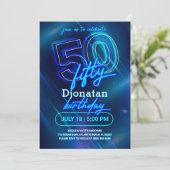 Blue Neon 50th Birthday Party Invitation Kaart (Staand voorkant)