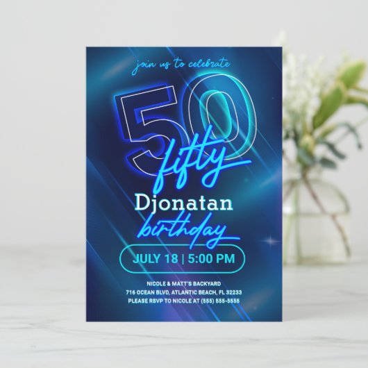 Blue Neon 50th Birthday Party Invitation Kaart (Staand voorkant)