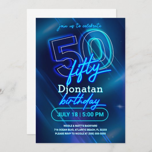 Blue Neon 50th Birthday Party Invitation Kaart (Voorkant / Achterkant)