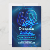 Blue Neon 60th Birthday Party Invitation Kaart (Voorkant)