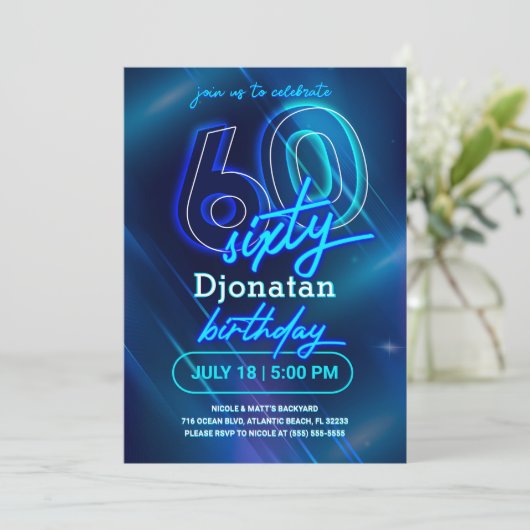 Blue Neon 60th Birthday Party Invitation Kaart (Staand voorkant)