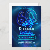 Blue Neon 60th Birthday Party Invitation Kaart (Voorkant / Achterkant)
