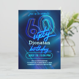 Blue Neon 60th Birthday Party Invitation Kaart