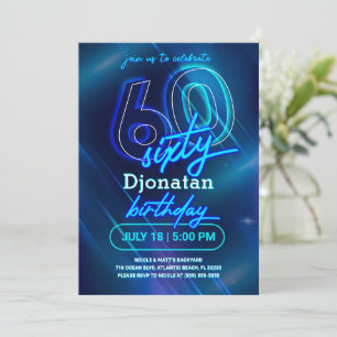 Blue Neon 60th Birthday Party Invitation Kaart